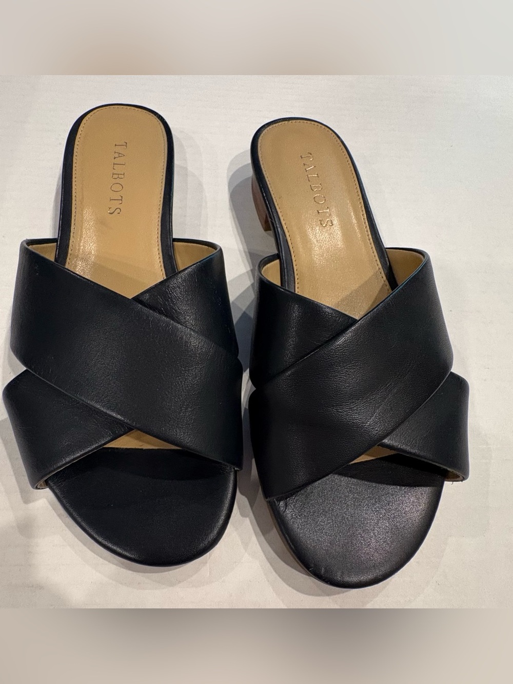 Talbots Black Leather Crossband Slide Mules